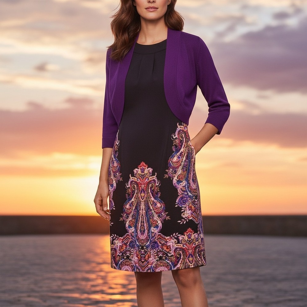 Jessica Howard Womens Purple Paisley Sheath Dress and Cropped Bolero Set Size 10